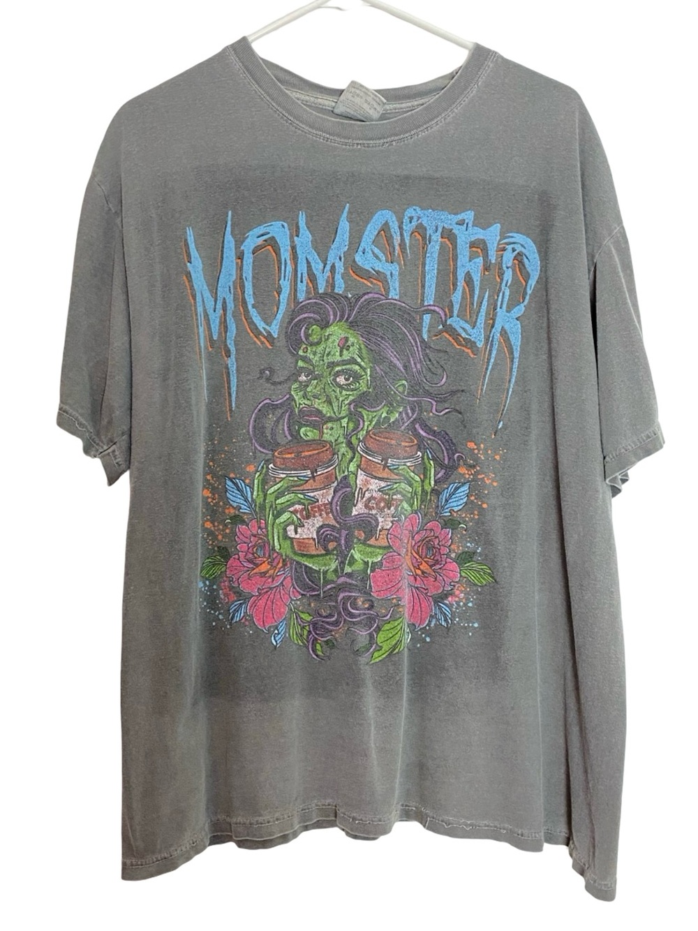 Monster Cool Tee Tshirt Mens Unisex Size XL Distressed Chest 23 Length 27 Grey